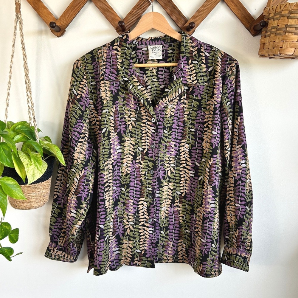 Vintage Allison Daley Petites 14P Button Down Shirt Vine Print Blouse Cottage